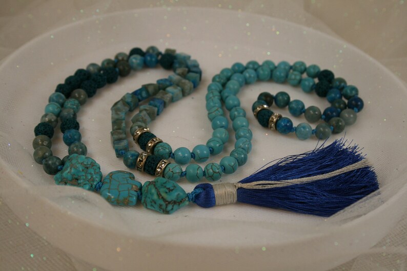 Turquoise Elephant Spirit Mala Bead Necklace 108 Hand Knotted Turquoise and Jasper Mala Beads Lava Stone and Turquoise Mala Beads