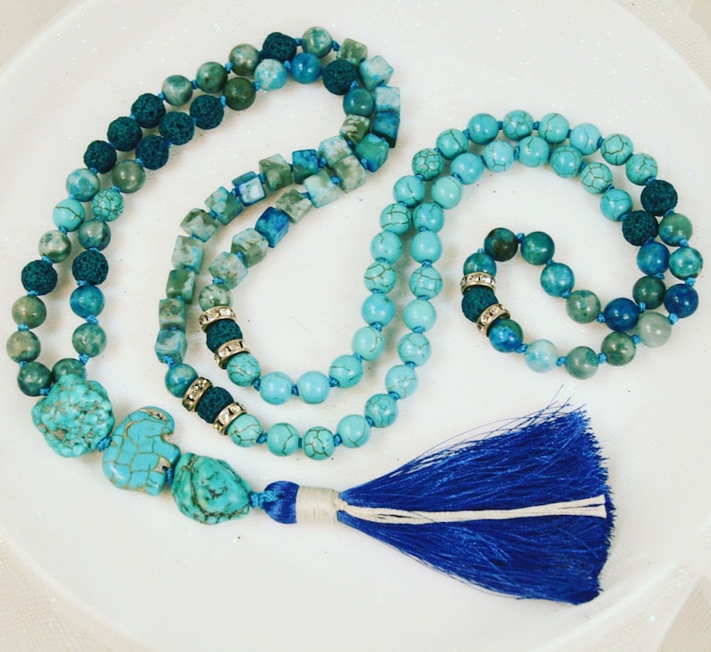 Turquoise Elephant Spirit Mala Bead Necklace 108 Hand Knotted Turquoise and Jasper Mala Beads Lava Stone and Turquoise Mala Beads