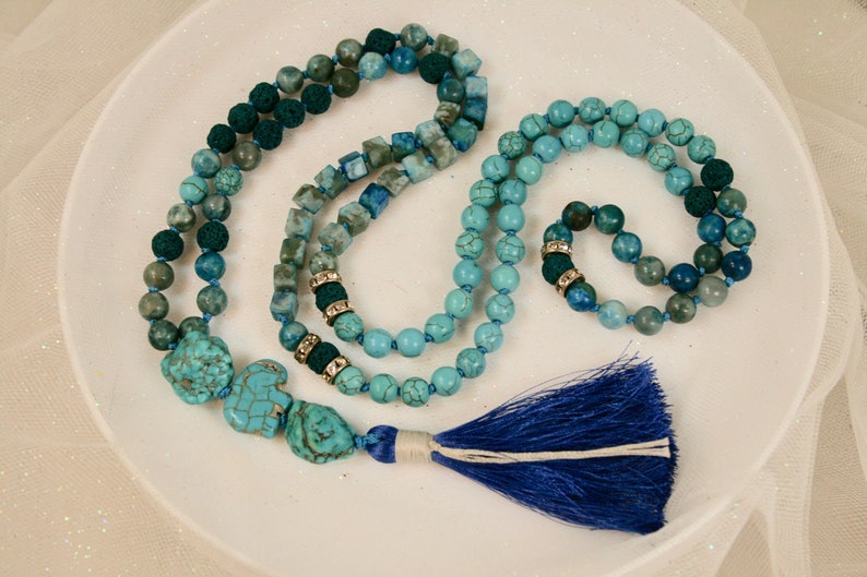 Turquoise Elephant Spirit Mala Bead Necklace 108 Hand Knotted Turquoise and Jasper Mala Beads Lava Stone and Turquoise Mala Beads
