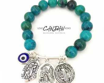 Evil Eye Protect Us Woman Religious Saint Christopher Saint Michael and Benedict Coin Gemstone Charm Gift Bracelet