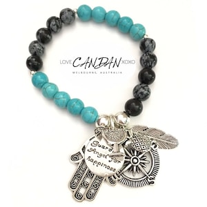 Compass Travelers Bracelet with Hamsa Hand Pineapple Cocktail Glass and Guardian Angel For Happiness Charms