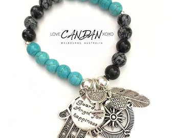 Compass Travelers Bracelet with Hamsa Hand Pineapple Cocktail Glass and Guardian Angel For Happiness Charms