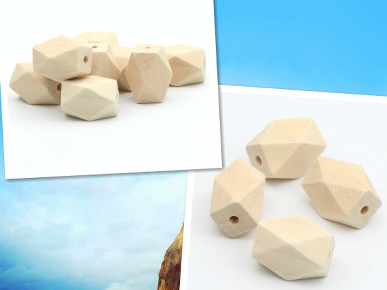 50pieces Oblong Unfinished 14 Hedron Geometric 16x12mm Natural Wood Beads accessories image 1