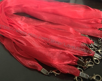 14mm Antique Bronze End-- 20pieces 18-20inches adjustable hot red organza ribbon necklace cords with lobster clasps