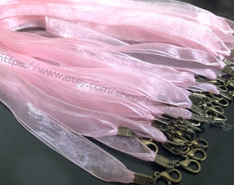 12mm Antique Bronze End-- 20pieces 18-20inches adjustable light pink organza ribbon necklace cords with lobster clasps