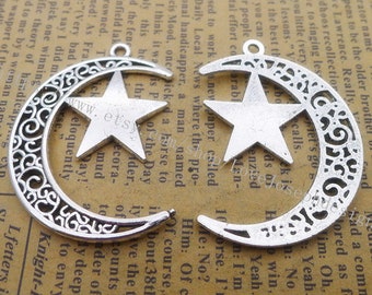 wholesale 50 Pieces /Lot Antique Silver Plated 29mmx40mm moon and star charms