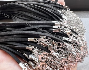 Adjustable 18-30inch wholesale 100pieces 2.5mm black flat suede leather necklace cords with lobster clasps and extension chains