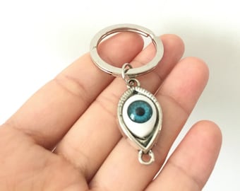 May include: A silver-colored keychain with a charm shaped like an eye. The eye charm has a blue iris and a white background, set within a decorative silver frame. The keychain is round and simple.
