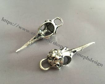May include: Two silver bird skull charms with a loop for attaching to jewelry. The charms are detailed and have a realistic look.