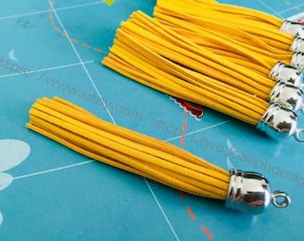 wholesale 20pieces yellow 90mm suede leather gold caps ear tassel charms