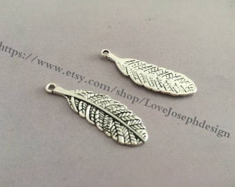 wholesale 120 Pieces /Lot Antique Silver Plated 11mmx34mm feather Charms