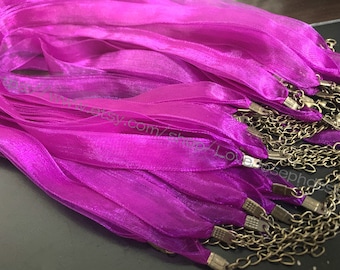 14mm Antique Bronze End-- 20pieces 18-20inches adjustable Fuchsia organza ribbon necklace cords with lobster clasps