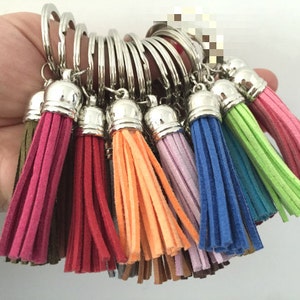 Può includere: Un set di portachiavi con nappe colorate e anelli portachiavi argentati. Le nappe sono realizzate in morbido camoscio e sono disponibili in una varietà di colori, tra cui rosa, rosso, verde, blu e arancione.