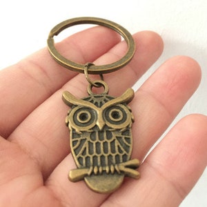 Pode incluir: Chaveiro de cor bronze com formato de coruja. O pingente de coruja apresenta gravuras detalhadas, olhos grandes e um poleiro. O chaveiro inclui um anel redondo para chaves. A coruja é um símbolo de sabedoria.