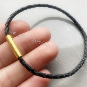 Gold Needle clasps end---6pieces 3.0mm adjustable 8inch black genuine braided leather bracelet cords with Needle clasps end