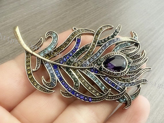 Sindary Peacock Feather Brooch Pin - 4.92 Inch Rhinestone Crystal Statement Jewelry