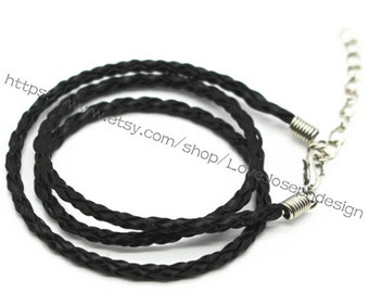 wholesale 100pieces black colors 3mm faux braided leather necklace cords --- length adjustable 18-30inch