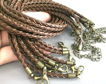 10pieces 16-18inch adjustable 3.0mm Black & brown genuine braided leather necklace cords