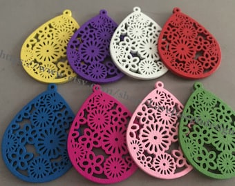 May include: Assortment of ten wooden teardrop-shaped earrings with a laser-cut floral design. The earrings are painted in various colors, including yellow, purple, white, red, blue, pink, and green.
