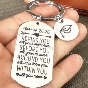 May include: Silver keychain with a graduation cap charm and a tag that reads "class of 2020" and "Behind you all your memories. Before you all your dreams. Around you all who love you. Within you all you need."