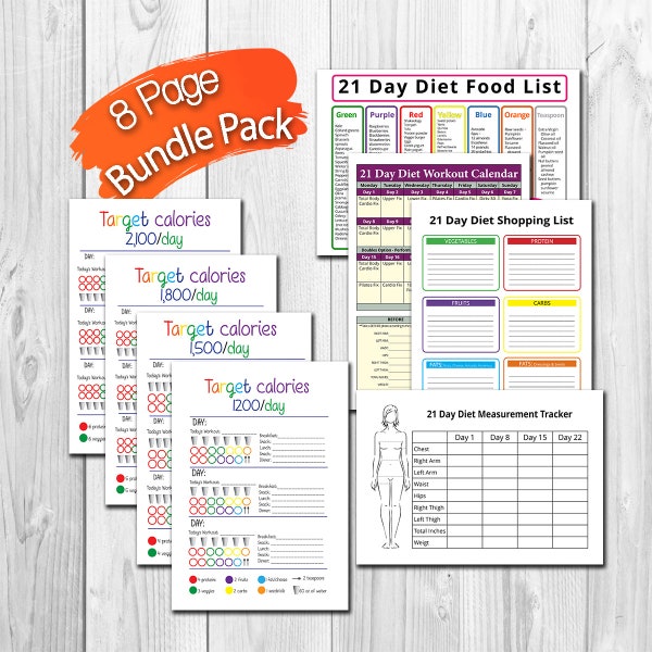 21 day diet calories tracker BUNDLE - 8 Page, Calorie Bracket Tracking Sheets, Shopping List, Measurement Tracker and More!