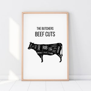 Butcher print, beef print, meat cuts print, butchers chart, butcher diagram, cooking art print, butcher cuts, kitchen print, DIGITAL FILES