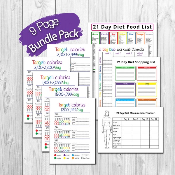 21 jours de calories régime tracker BUNDLE - 9 Page! Calories Tracker, Liste d’achats, Tracker de mesure et plus encore! Téléchargement instantané!