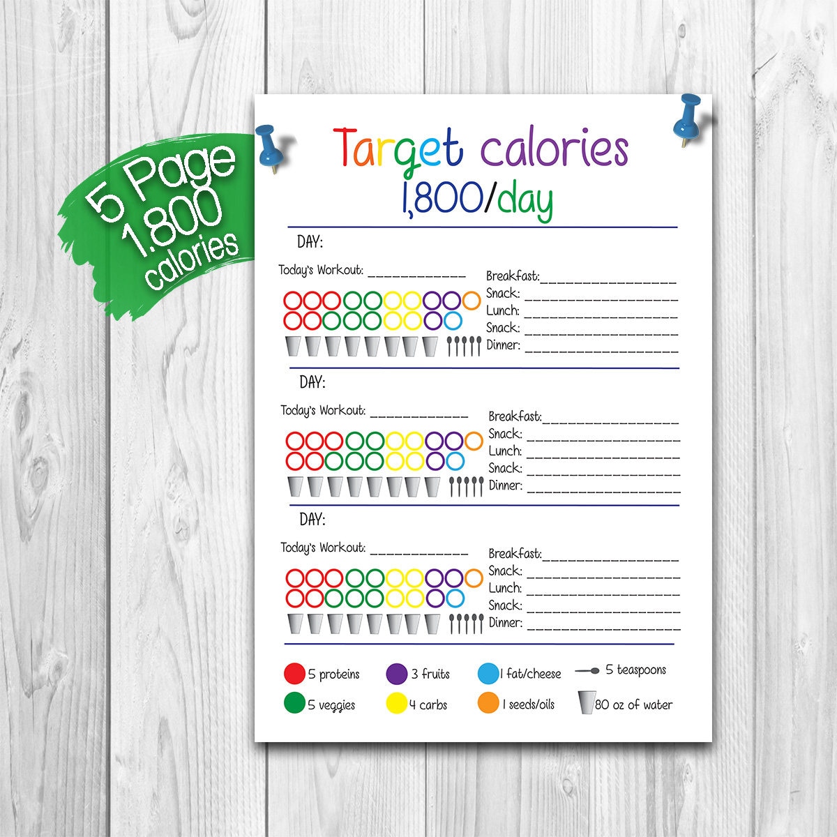 21 Day Diet Calories Tracker BUNDLE 1,800 Calorie Bracket, Shopping List, Measurement Tracker