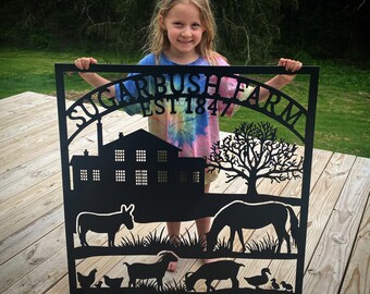 Custom Metal Outdoor Farm Sign with Farmhouse and Farm Animals