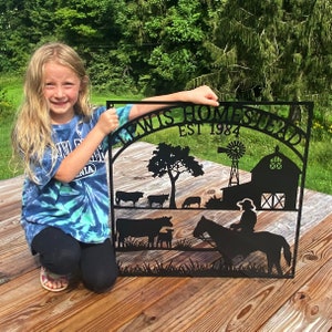 Custom Metal Outdoor Sign for Farm or Ranch with Barn, Horses, Cattle and Windmill