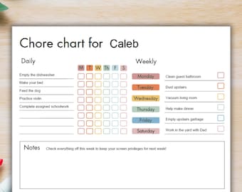 Editable Chore Chart for Teens and Tweens, Daily Checklist, Weekly Schedule (Fillable PDF)