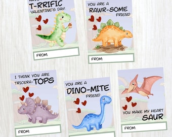 Preschool Valentines, Printable Dinosaur Valentine Cards for Class, Classroom Valentines Tags