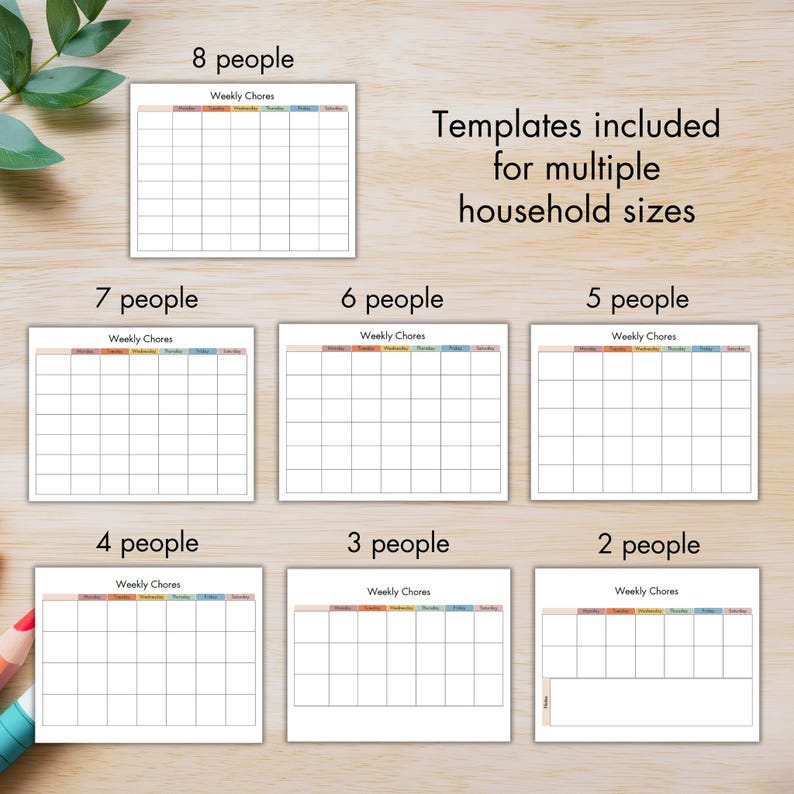 Editable Family Chore Chart for Household of 2,3,4,5,6,7, or 8 People ...