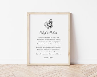 Only One Mother Poem with Vintage Drawing of a Mother and Child, Mother's Day gift, Printable Poem for Mom