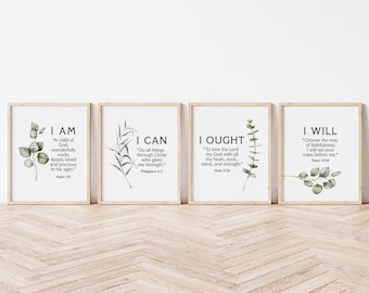 I Am I Can I Ought I Will quote with bible verses, based on Charlotte Mason's Motto for children, Set of 4