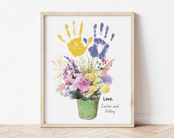 Mother's Day handprint art keepsake, craft diy floral bouquet, toddler baby printable, preschool, daycare, mom birthday, grandma