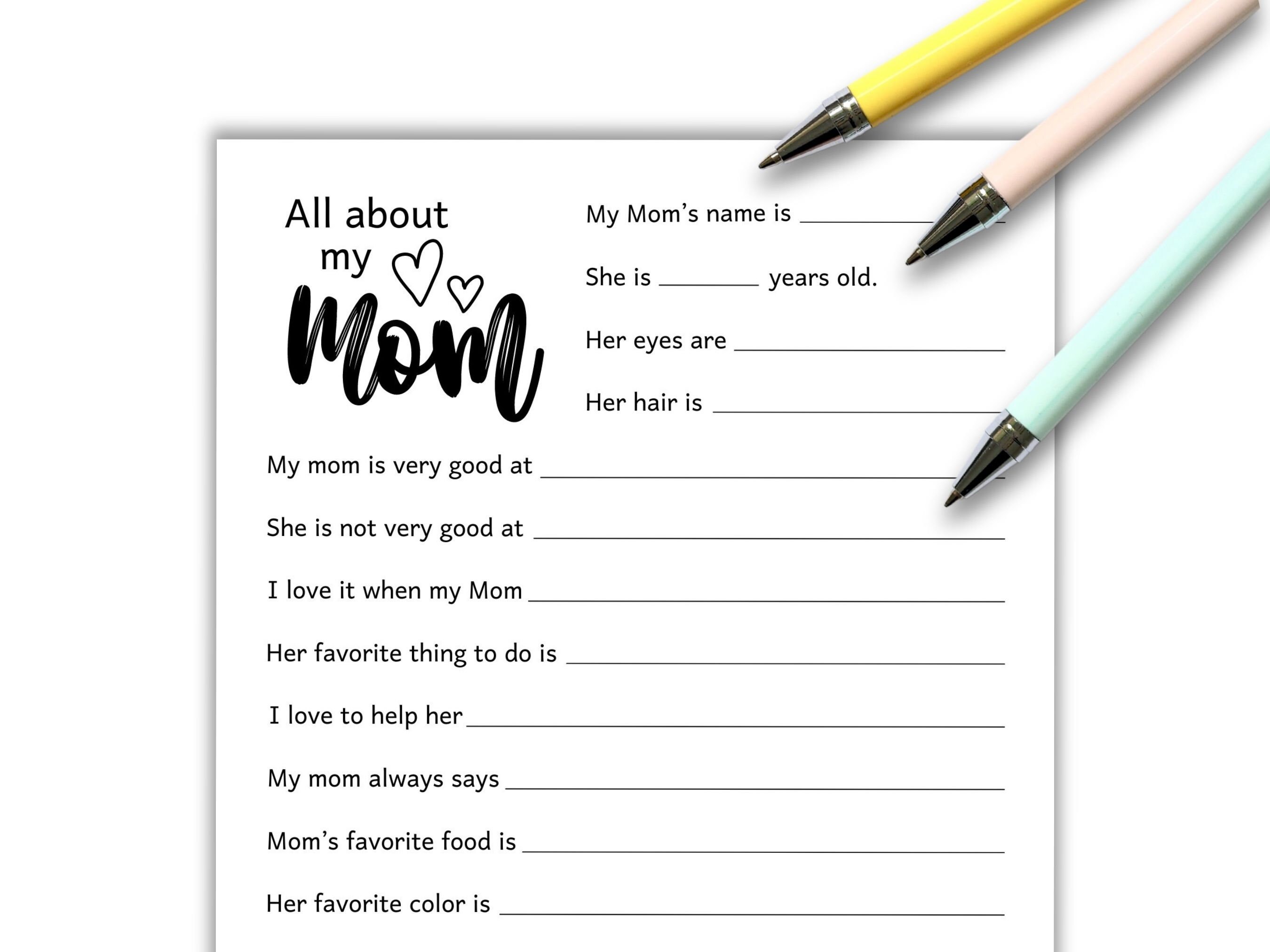All About My Mom Printable Mother's Day Questionnaire Activity Diy
