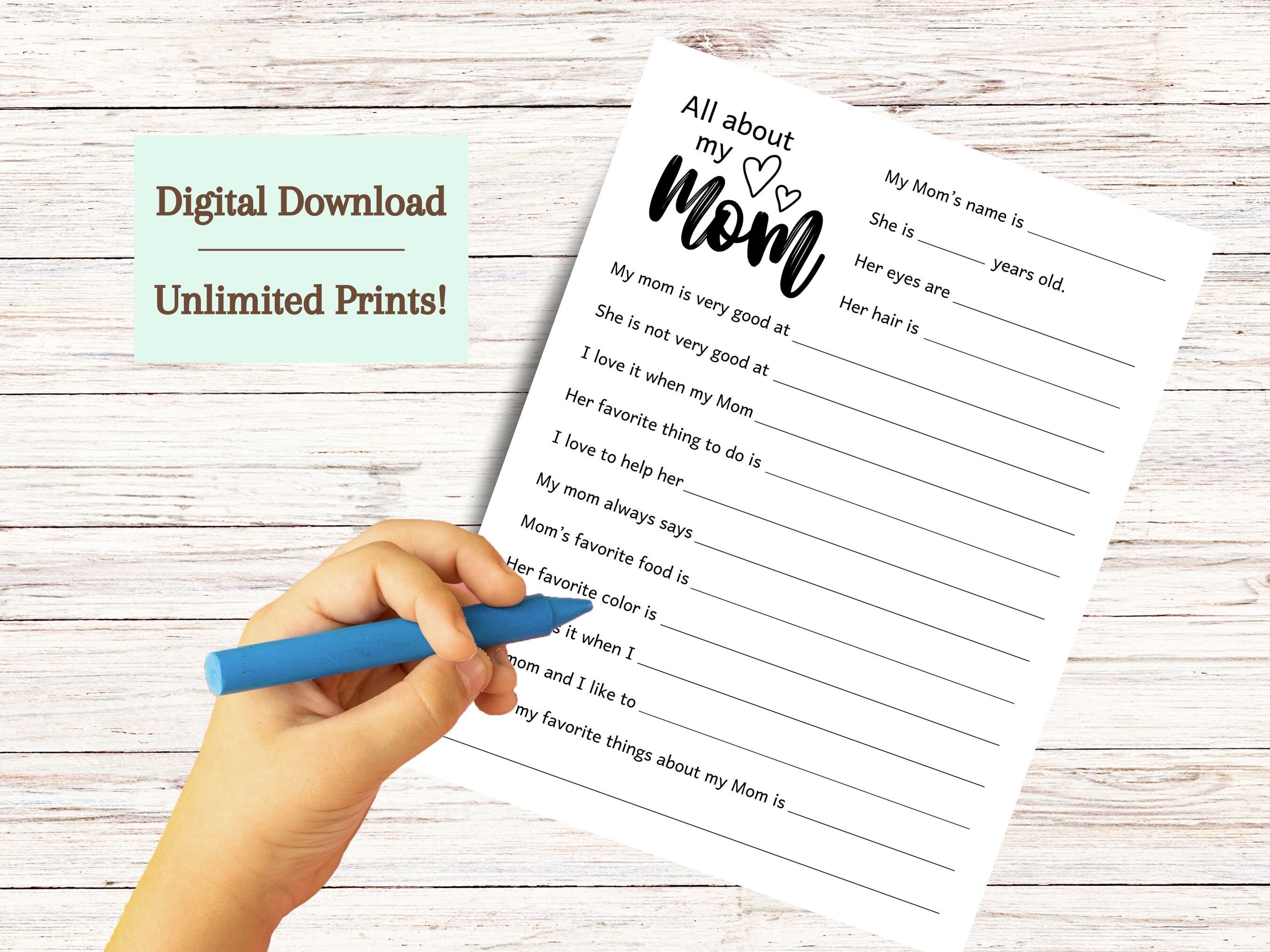 All About My Mom Printable Mother's Day Questionnaire Activity Diy