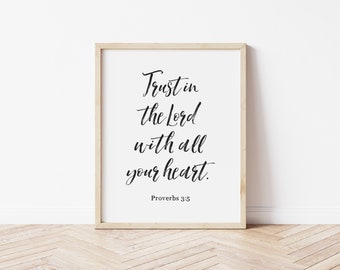 Confía en el Señor con todo tu corazón, Hermoso versículo bíblico impreso, letrero imprimible, Proverbios 3:5, Minimalista, Letrero bíblico