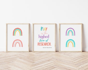 Playroom Sign, Rainbow decor, Neutral Nursery Print, Boho Nursery Art, Gender Neutral Decor, Play is the Highest form of Research Print