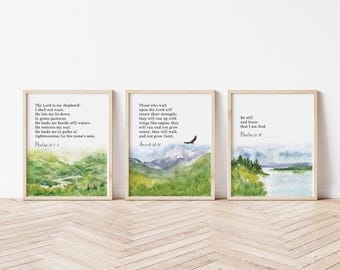 Scripture Art Prints Set of 3, Psalm 23, Isaiah 40:31, Psalm 46 10, beautiful Bible verse prints