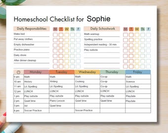 Editable Homeschool Checklist, Daily Schedule for Kids, Homeschool Planner Template, Fillable PDF
