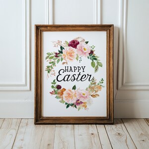 Happy Easter Sign, Farmhouse Print, Easter church decor, Spring Wall Decor, Watercolor Wreath, Spring Flowers, Printable Digital download