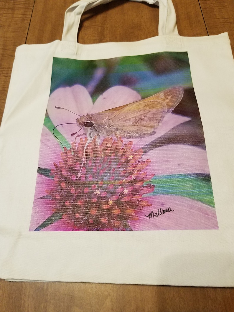 vinyl tote cotton canvas bag market bag purse pink white butterfly hand bag print flower