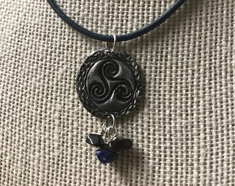 Rustic fine silver wax seal triskele pendant  with gemstone chips.