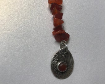 99.9% Fine Silver. Beaded bookmark, carnelian chips,  fine silver medallion  with carnelian cabochon.