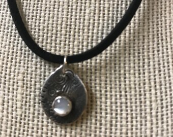 Asymmetrical Fine Silver Teardrop pendant  with mother of pearl accent, Ready to ship