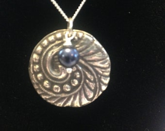 99.9% Fine Silver Pendant with  Blue Swarovski Pearl bead accent. Ready to ship