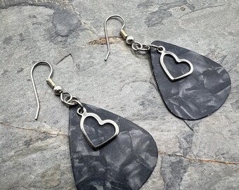 Black Guitar pick earrings with silver toned heart charm. Ready to ship.