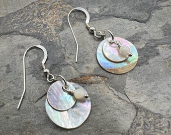 Sea Shell earrings, Mother of pearl accent bead. Layered mussel shell earrings, drop earrings, dangle earrings, gift under 30, gift for her